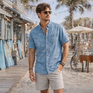 KAVU Chambray Sailboat Print Button Down Shirt‎ | Coastal Outdoor Medium NA1